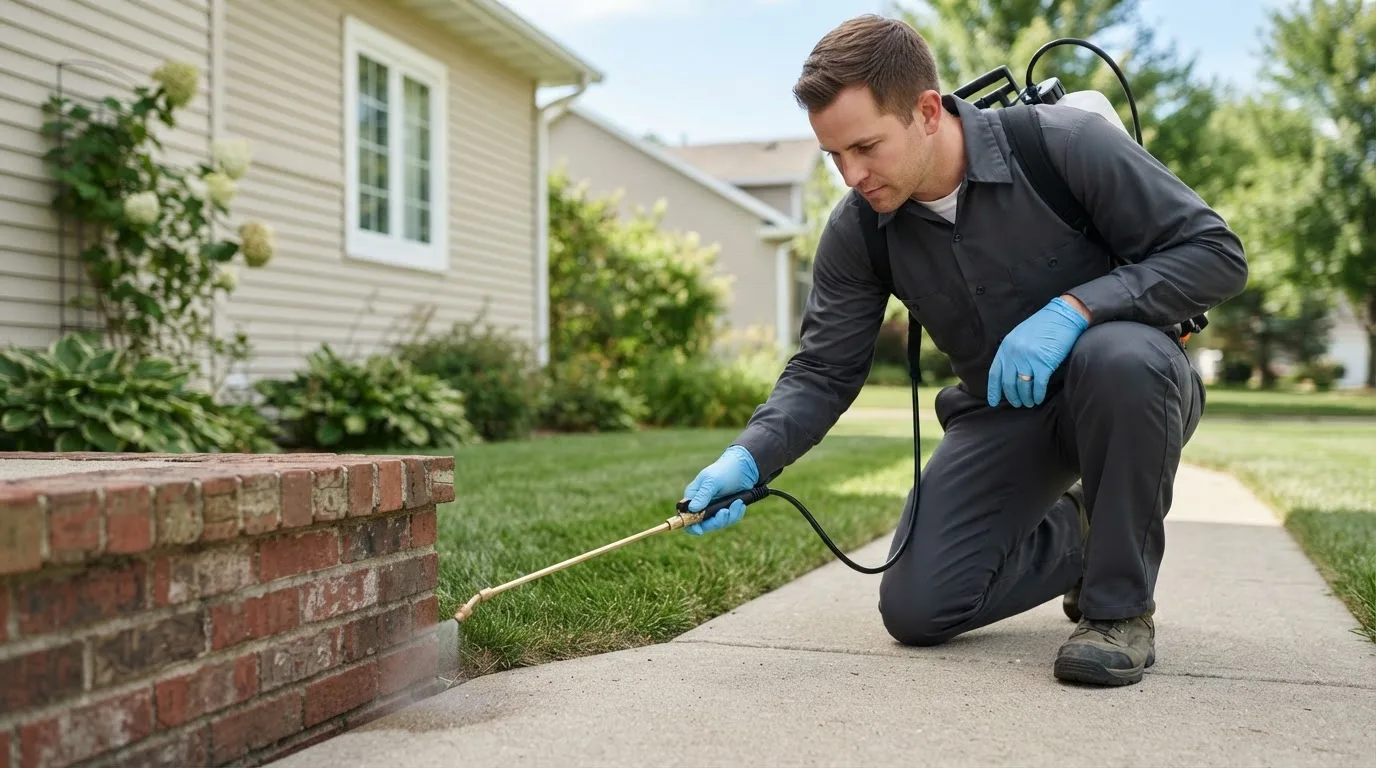 Pest control technician treating a home near Exeter, ME