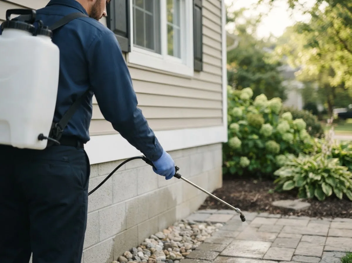 Pest control technician inspecting a home in Exeter, ME